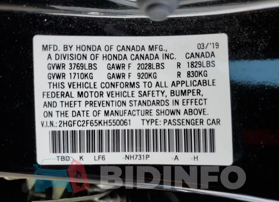 2HGFC2F65KH550061 Photo# 12