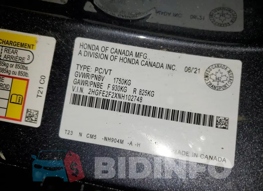 2HGFE2F2XNH102748 Photo# 12