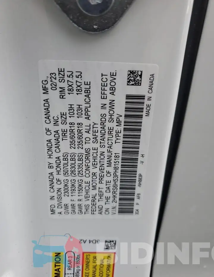 2HKRS6H53PH815181 Photo# 14