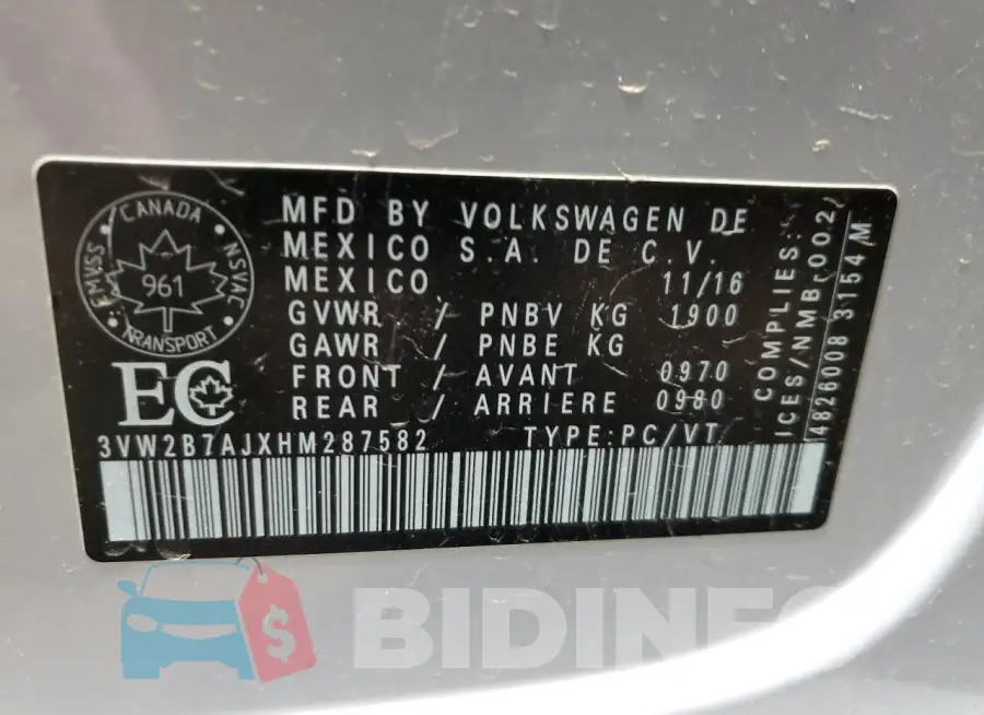 3VW2B7AJXHM287582 Photo# 13