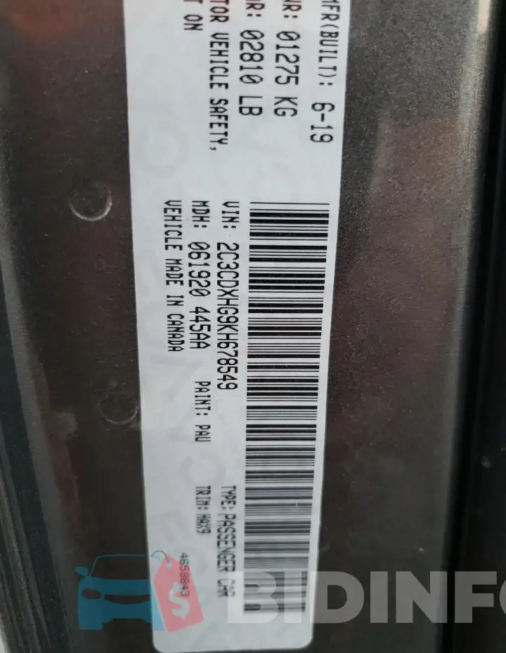 2C3CDXHG9KH678549 Photo# 12