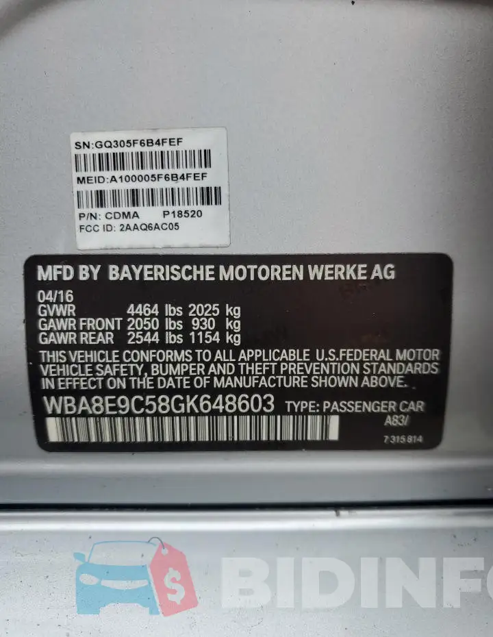 WBA8E9C58GK648603 Photo# 13