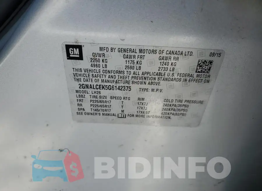 2GNALCEK5G6142375 Photo# 13