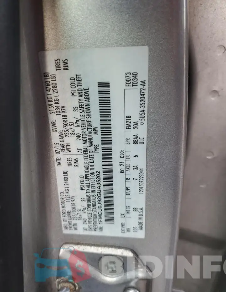 1FMCU0J92GUA35202 Photo# 13