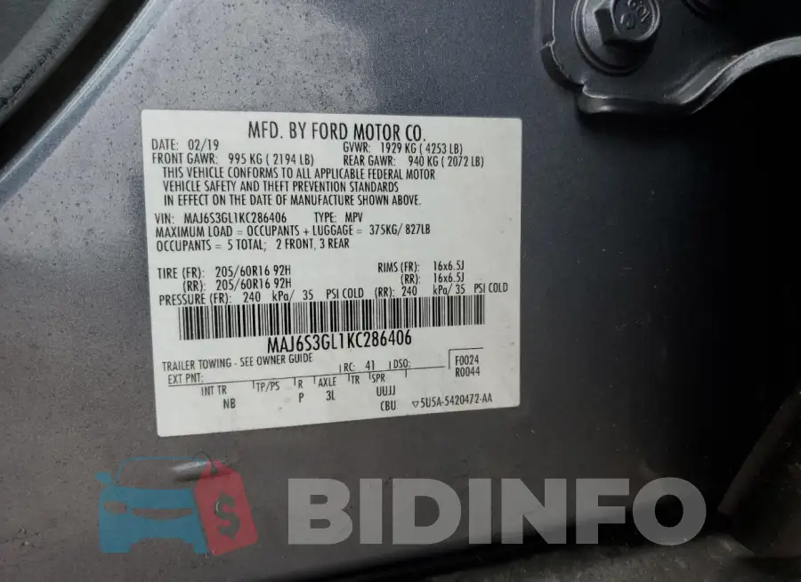 MAJ6S3GL1KC286406 Photo# 12
