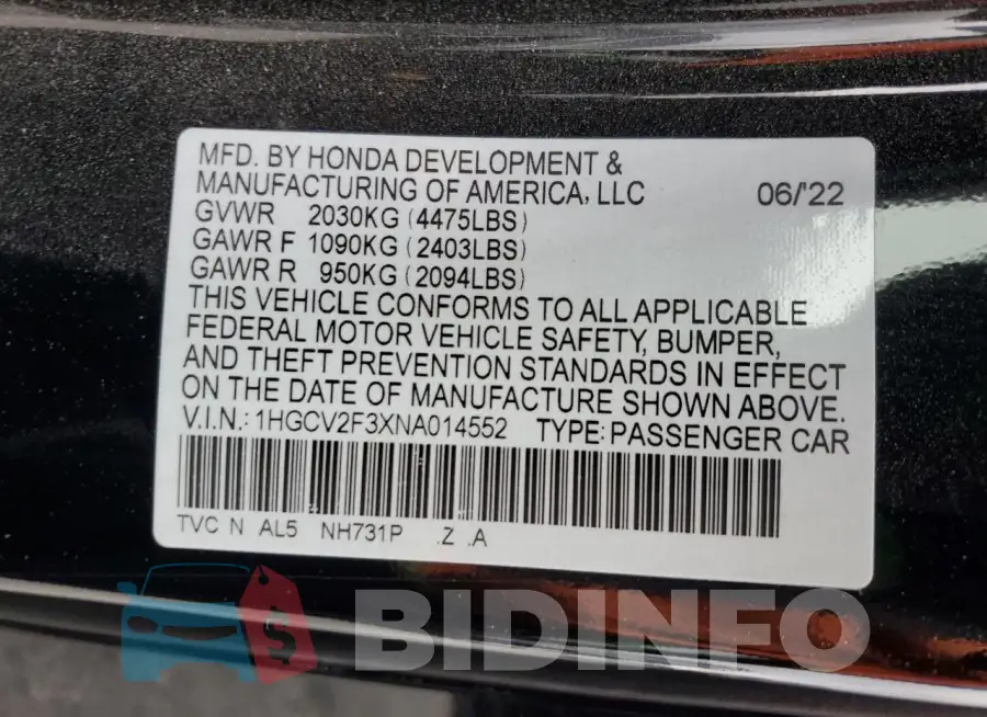 1HGCV2F3XNA014552 Photo# 12
