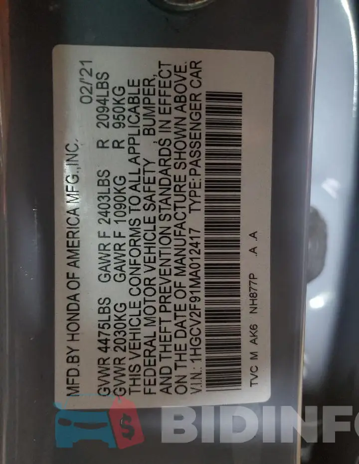 1HGCV2F91MA012417 Photo# 13