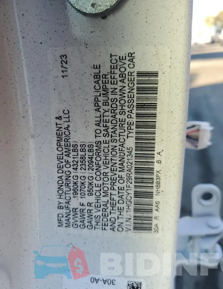 1HGCY1F29RA021345 Photo# 12