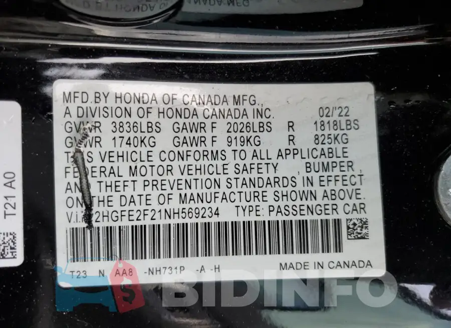 2HGFE2F21NH569234 Photo# 12