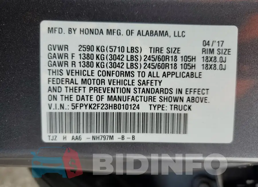 5FPYK2F23HB010124 Photo# 12
