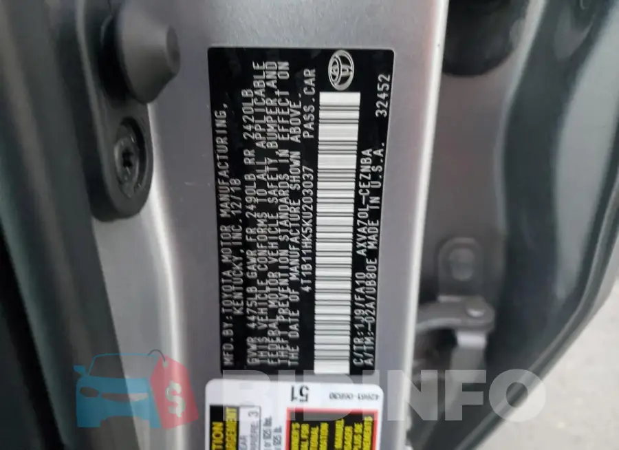 4T1B11HK5KU203037 Photo# 13
