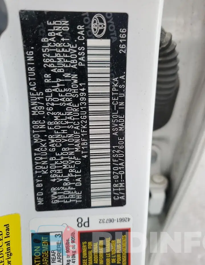 4T1BF1FK2GU139941 Photo# 12
