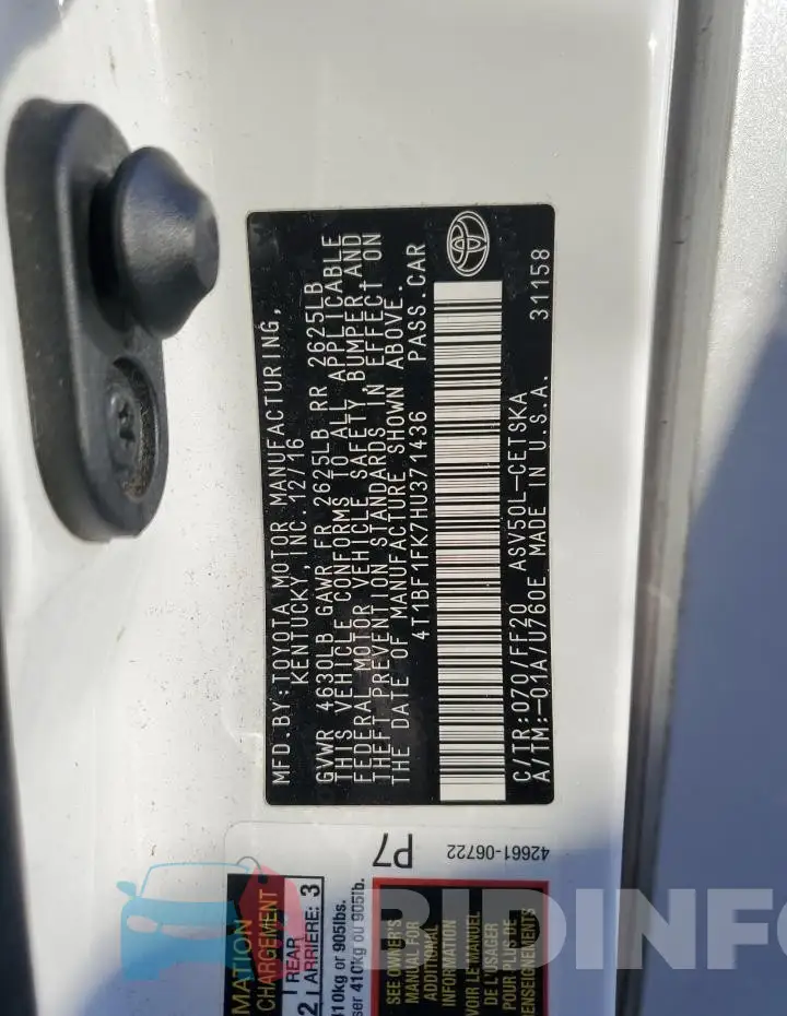 4T1BF1FK7HU371436 Photo# 12