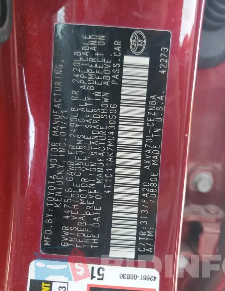 4T1C11AK7MU430506 Photo# 13