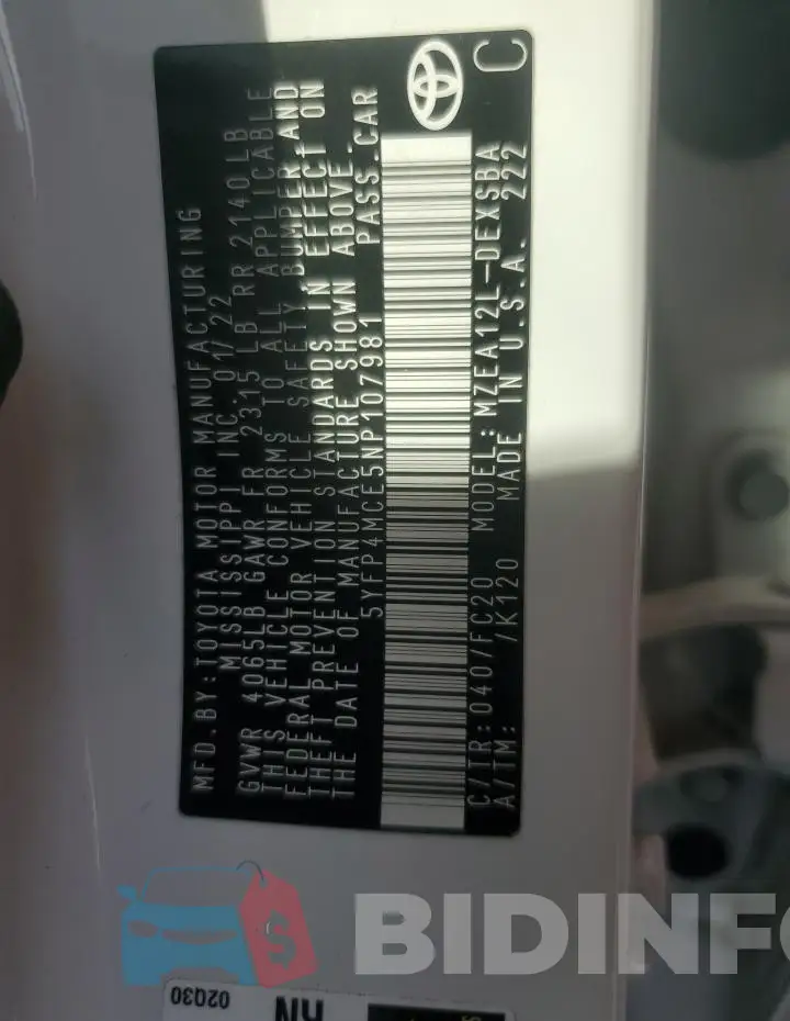 5YFP4MCE5NP107981 Photo# 12