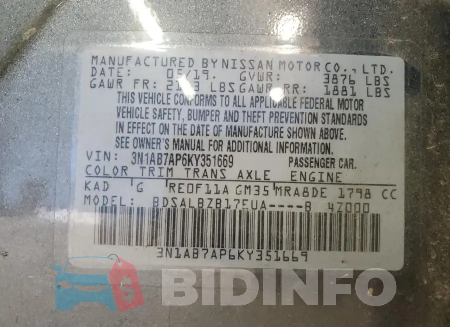 3N1AB7AP6KY351669 Photo# 13