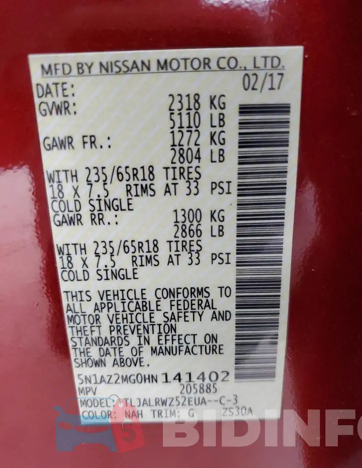 5N1AZ2MG0HN141402 Photo# 14