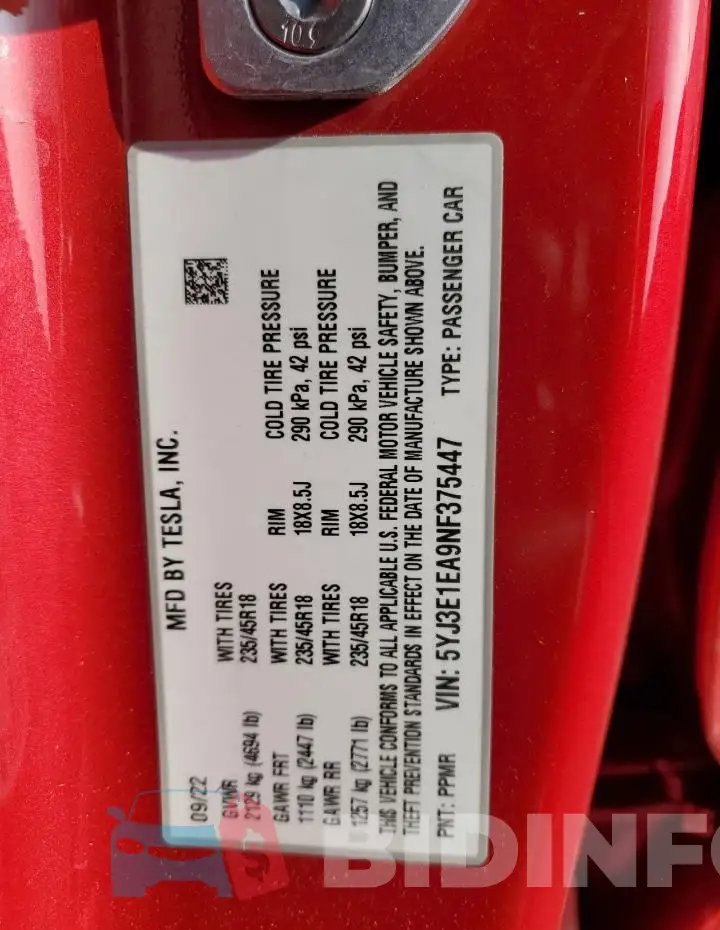 5YJ3E1EA9NF375447 Photo# 13