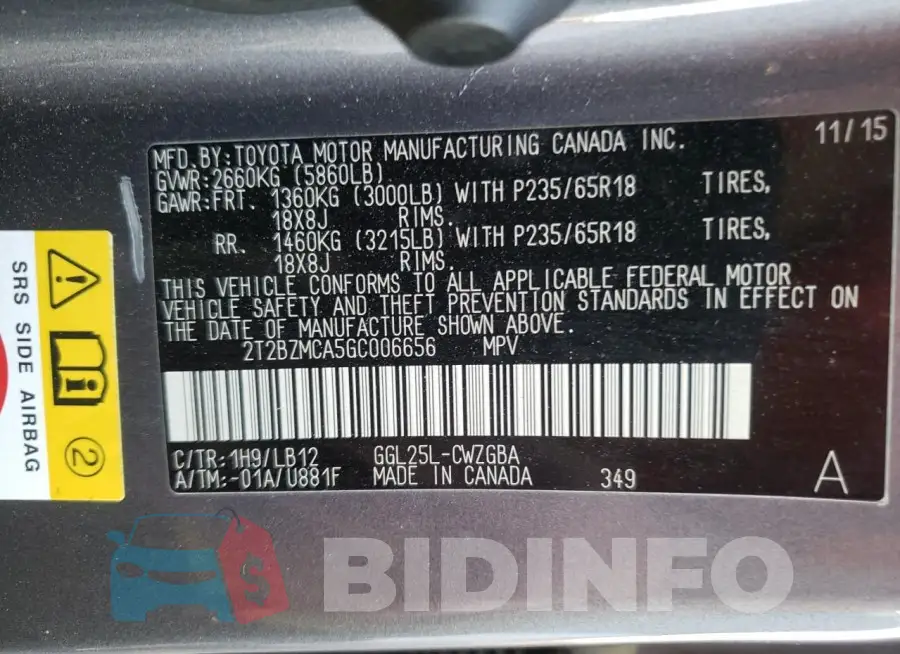 2T2BZMCA5GC006656 Photo# 13