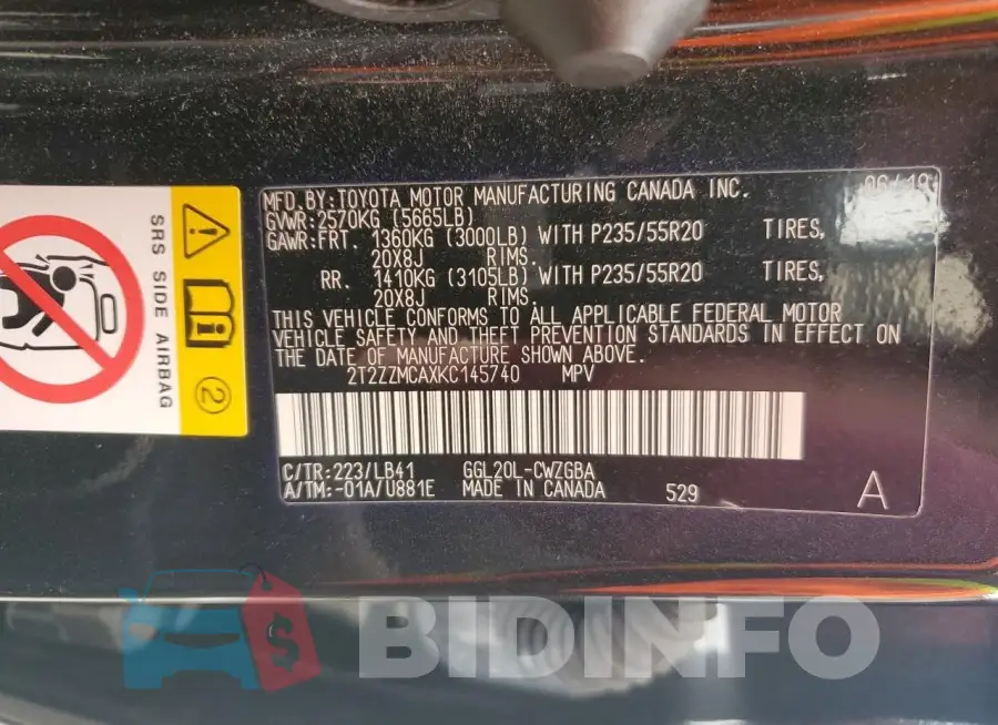 2T2ZZMCAXKC145740 Photo# 14
