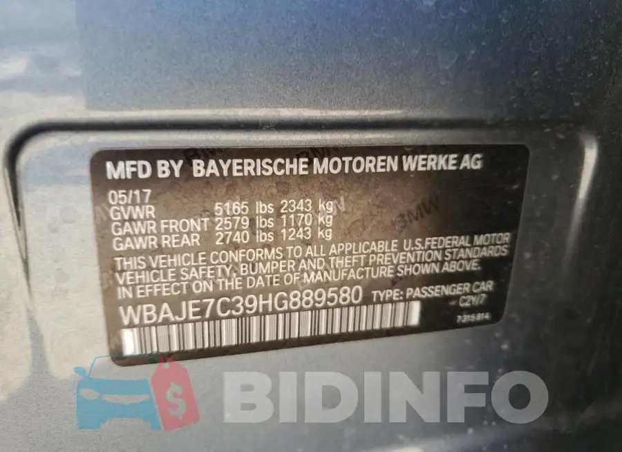WBAJE7C39HG889580 Photo# 12