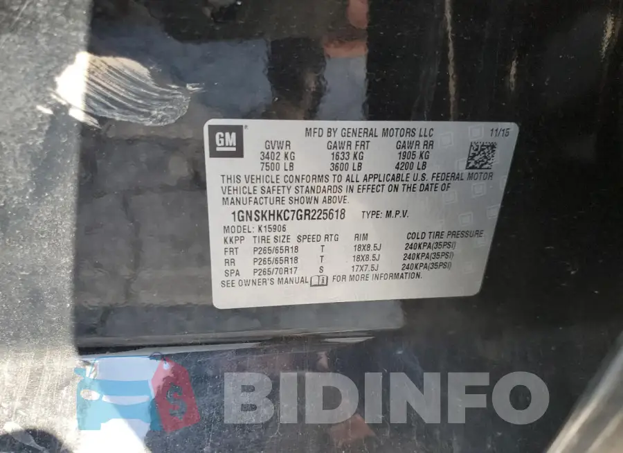 1GNSKHKC7GR225618 Photo# 13