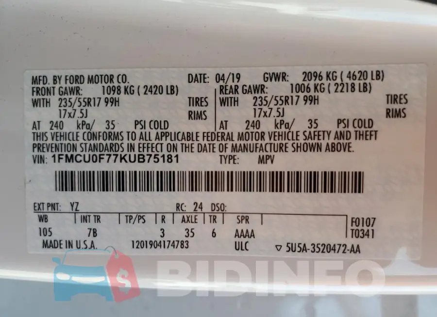 1FMCU0F77KUB75181 Photo# 13