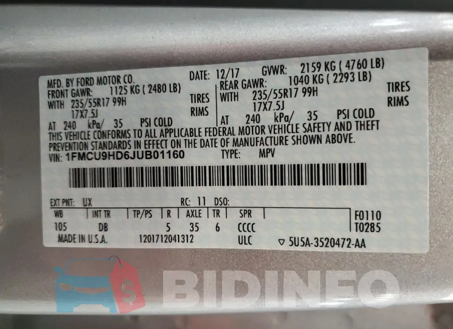 1FMCU9HD6JUB01160 Photo# 13