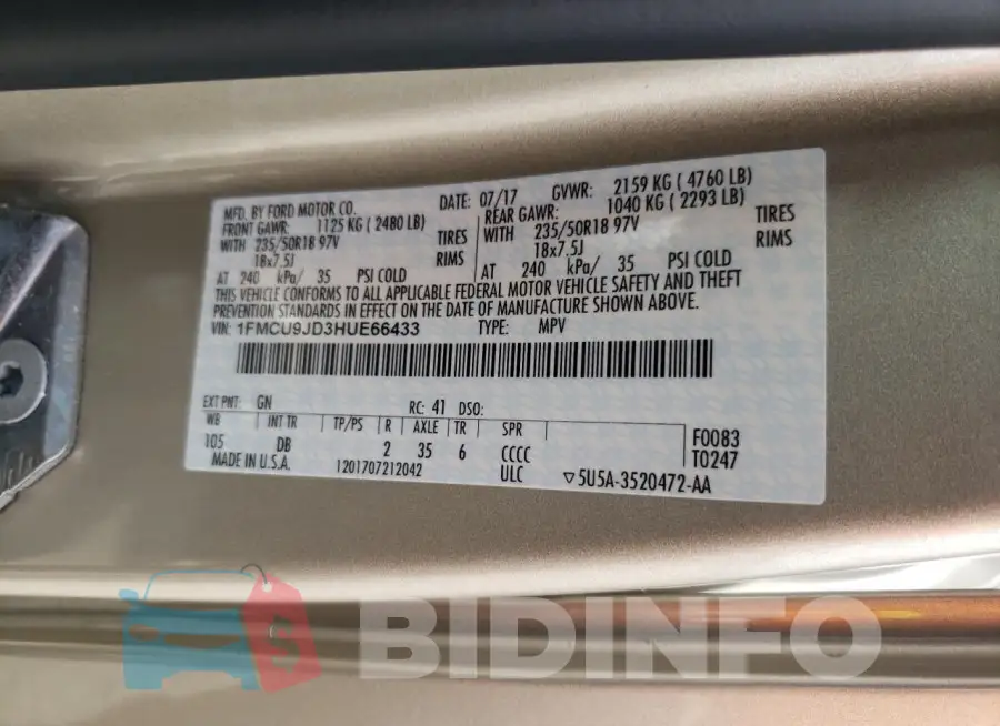 1FMCU9JD3HUE66433 Photo# 12