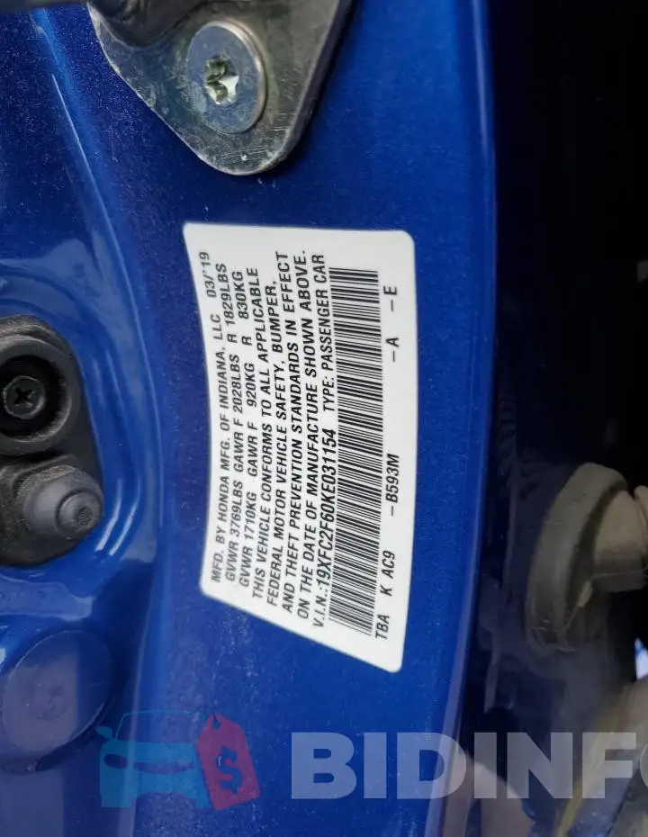 19XFC2F60KE031154 Photo# 12