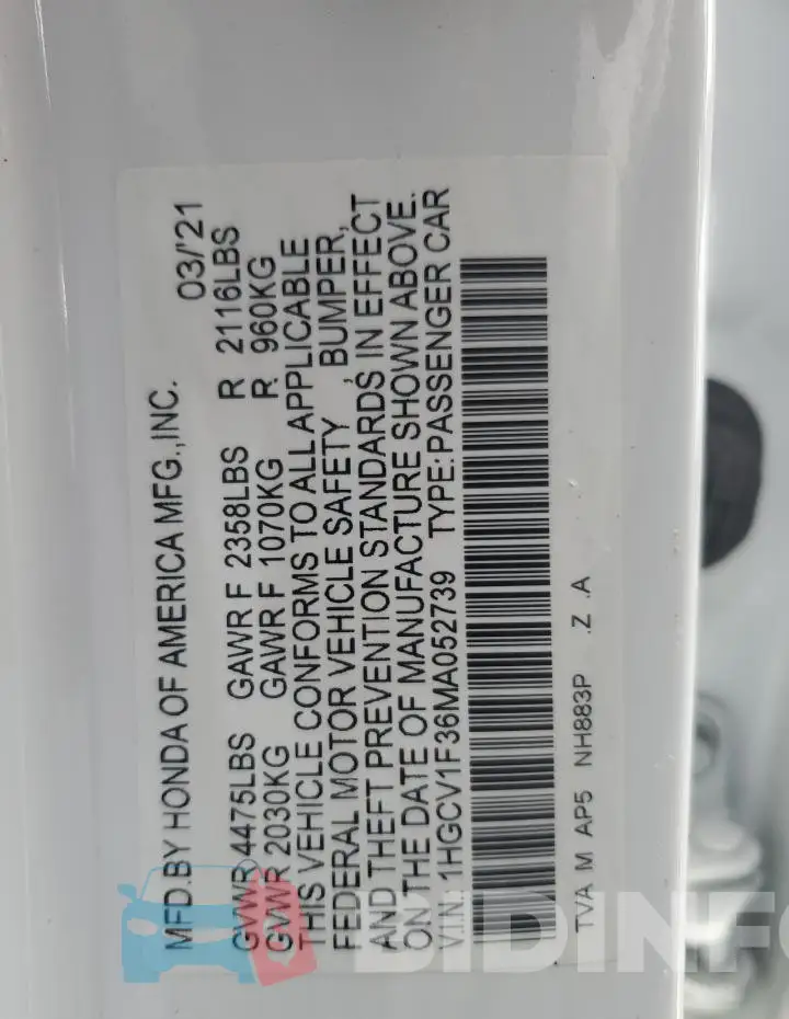 1HGCV1F36MA052739 Photo# 12
