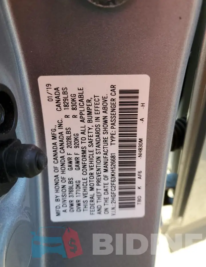 2HGFC2F63KH526681 Photo# 12