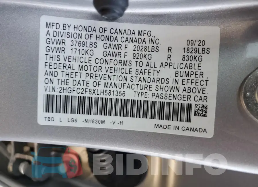 2HGFC2F8XLH581356 Photo# 12