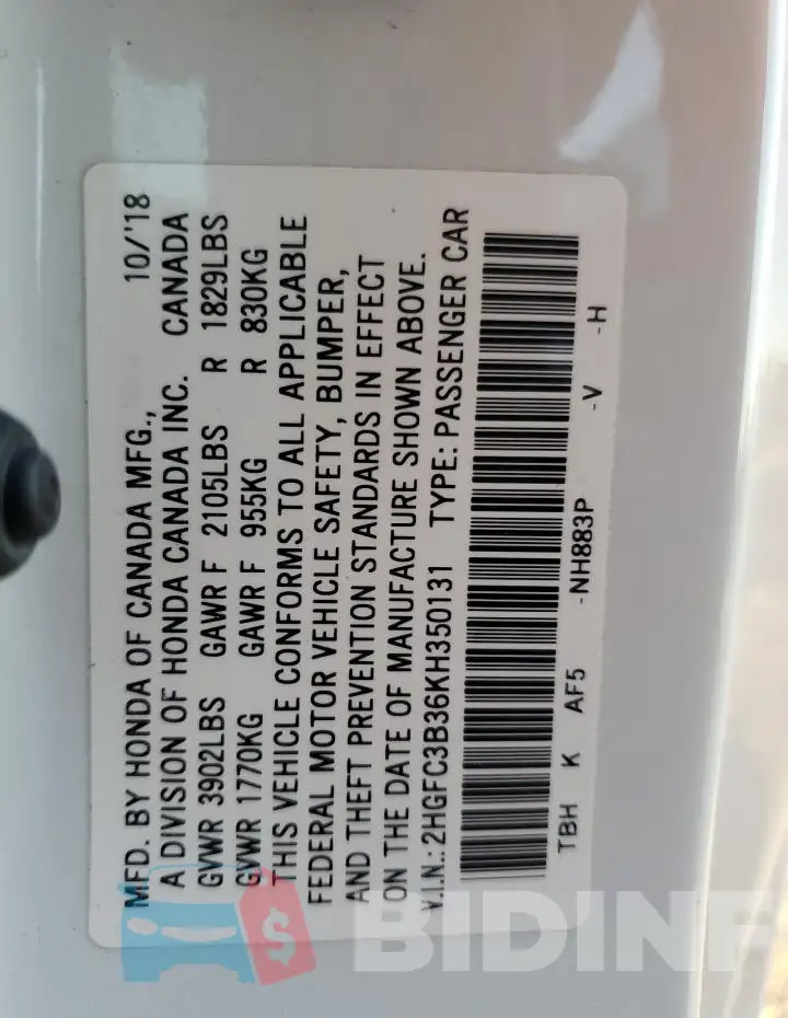2HGFC3B36KH350131 Photo# 12