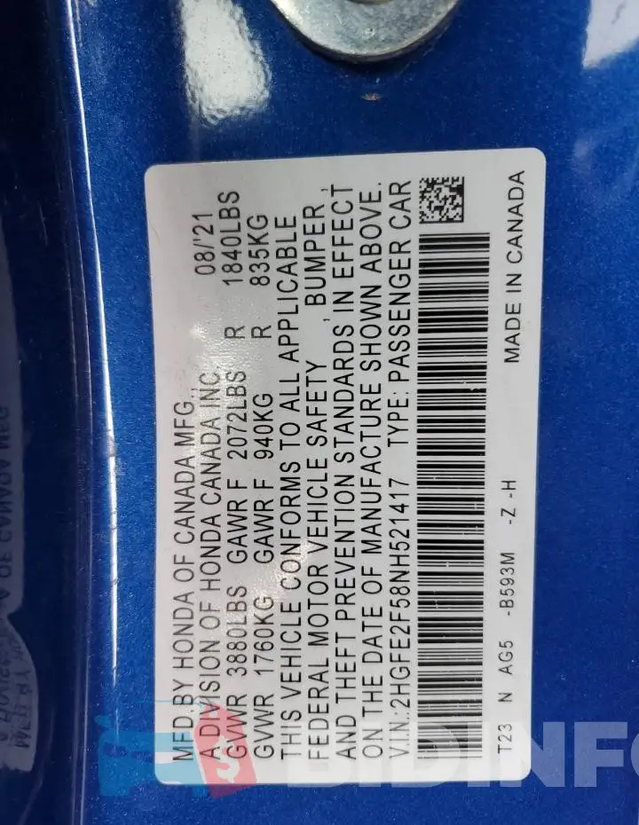 2HGFE2F58NH521417 Photo# 12