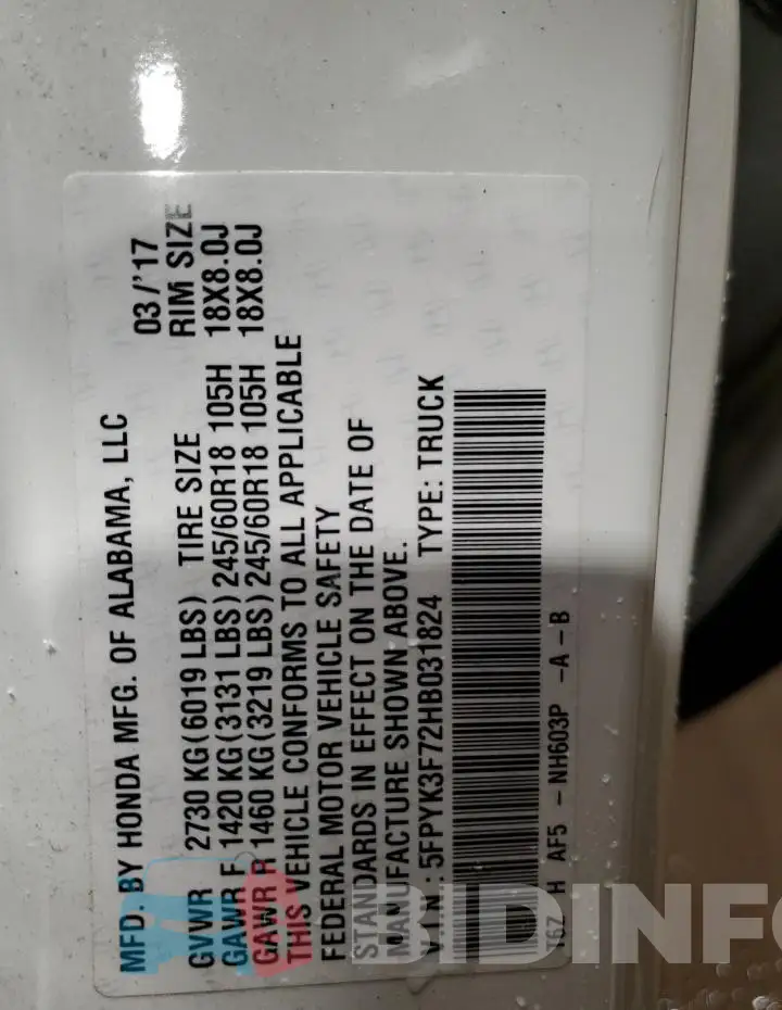5FPYK3F72HB031824 Photo# 12
