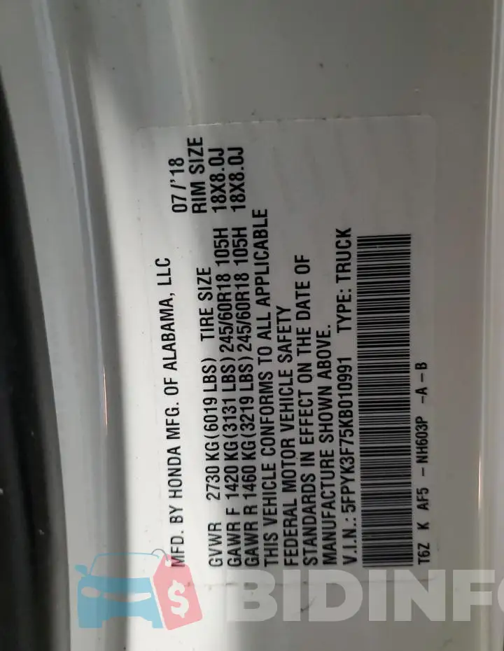 5FPYK3F75KB010991 Photo# 13