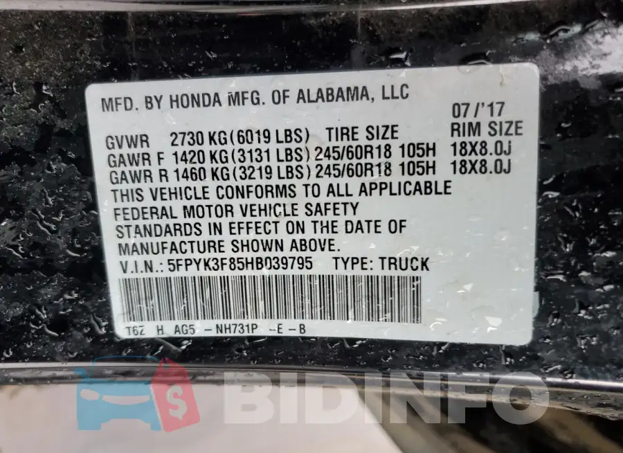 5FPYK3F85HB039795 Photo# 12