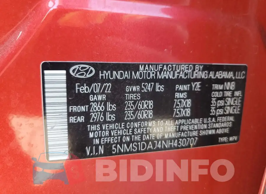 5NMS1DAJ4NH430707 Photo# 13
