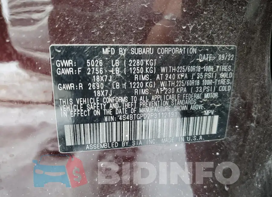 4S4BTGPD2P3112191 Photo# 13