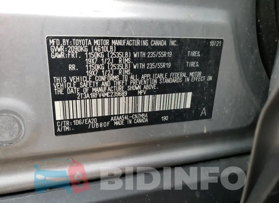 2T3A1RFV4MC239689 Photo# 13