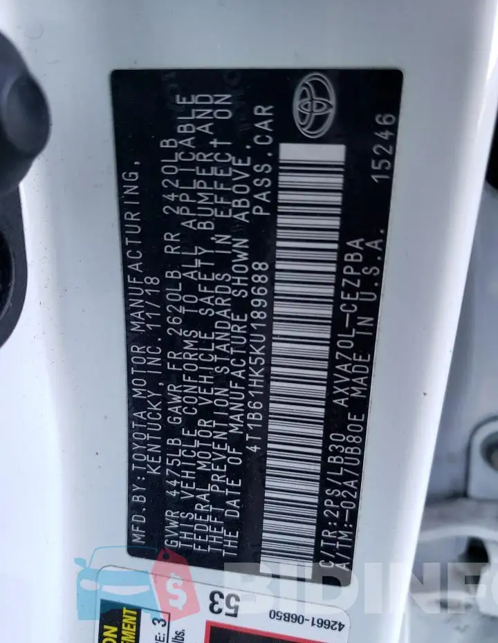 4T1B61HK5KU189688 Photo# 12