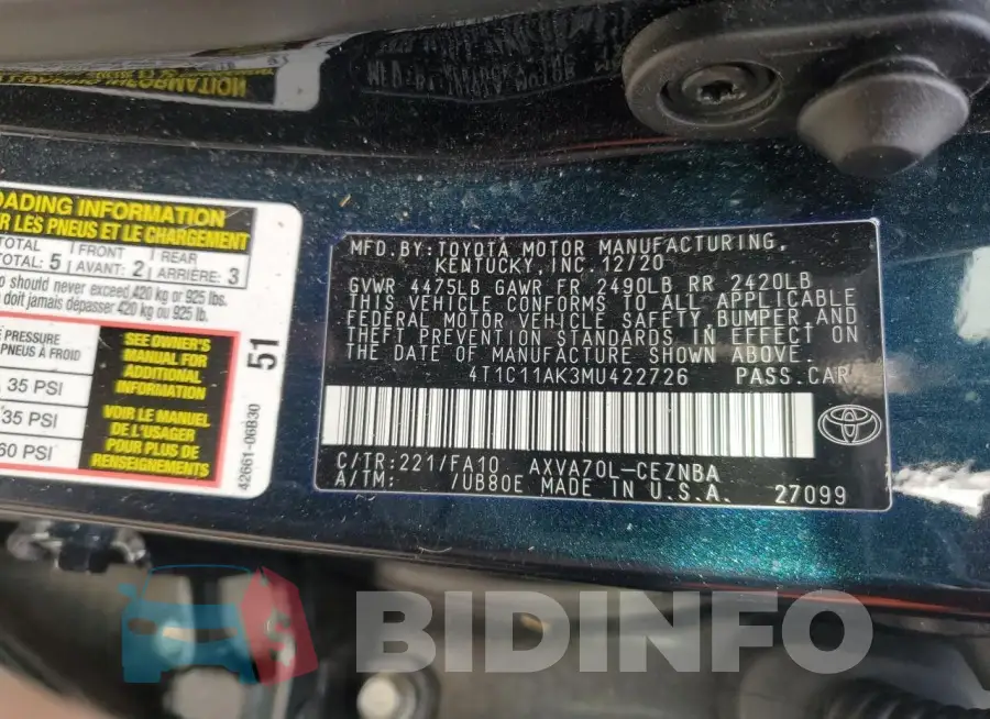 4T1C11AK3MU422726 Photo# 12