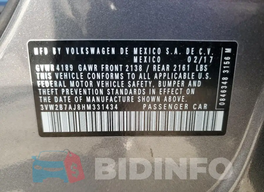 3VW2B7AJ8HM331434 Photo# 12