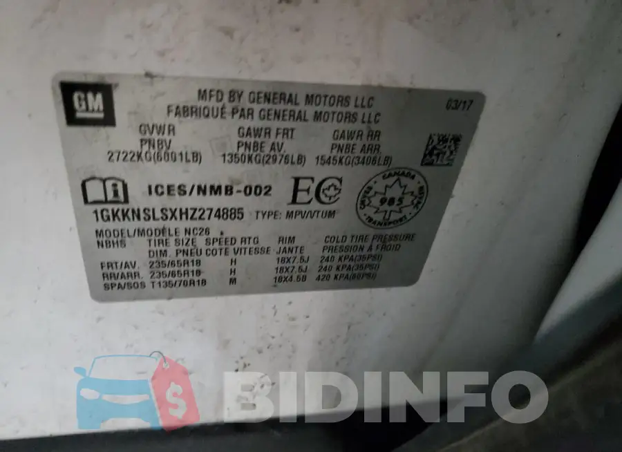 1GKKNSLSXHZ274885 Photo# 13