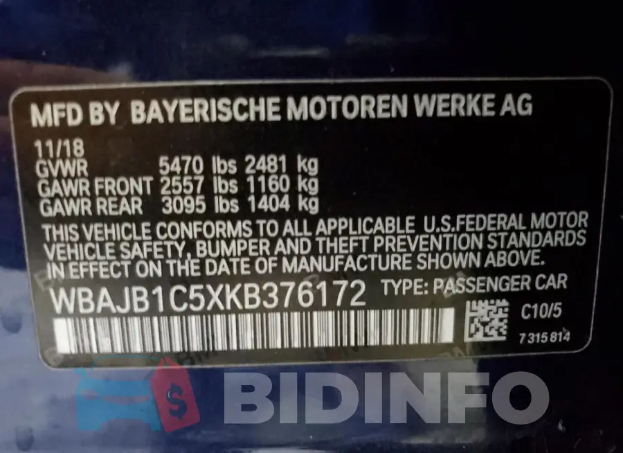 WBAJB1C5XKB376172 Photo# 12