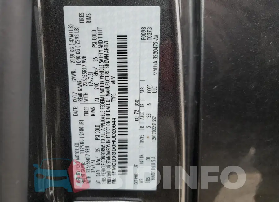 1FMCU9GD0HUD20644 Photo# 14