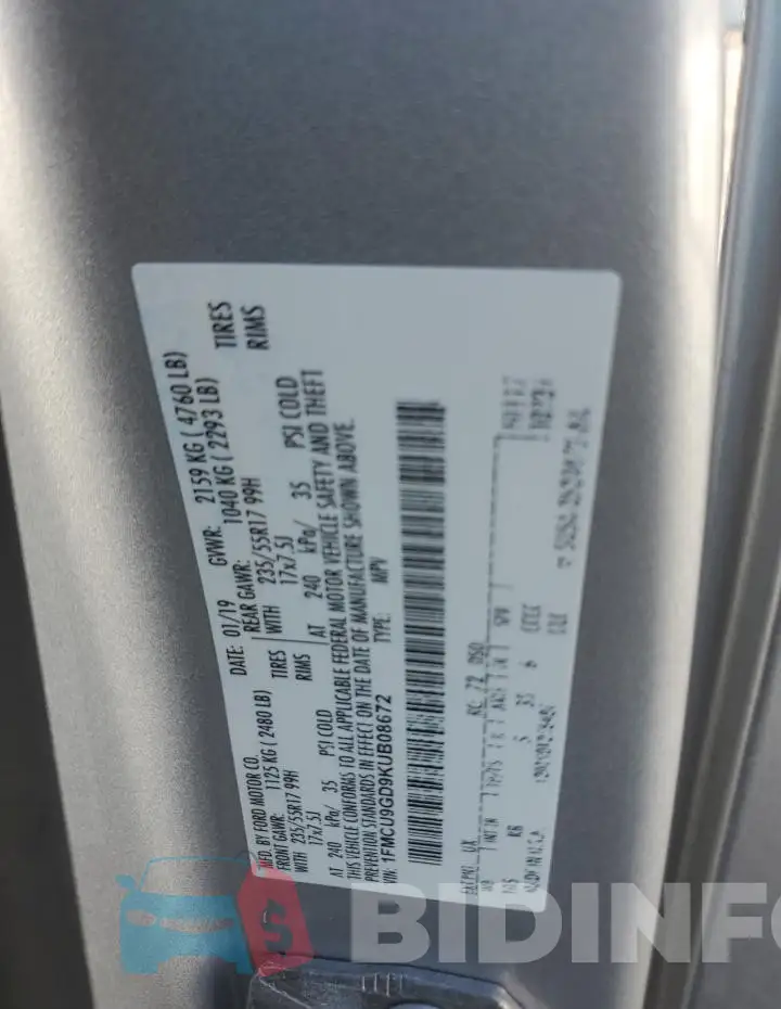 1FMCU9GD9KUB08672 Photo# 13