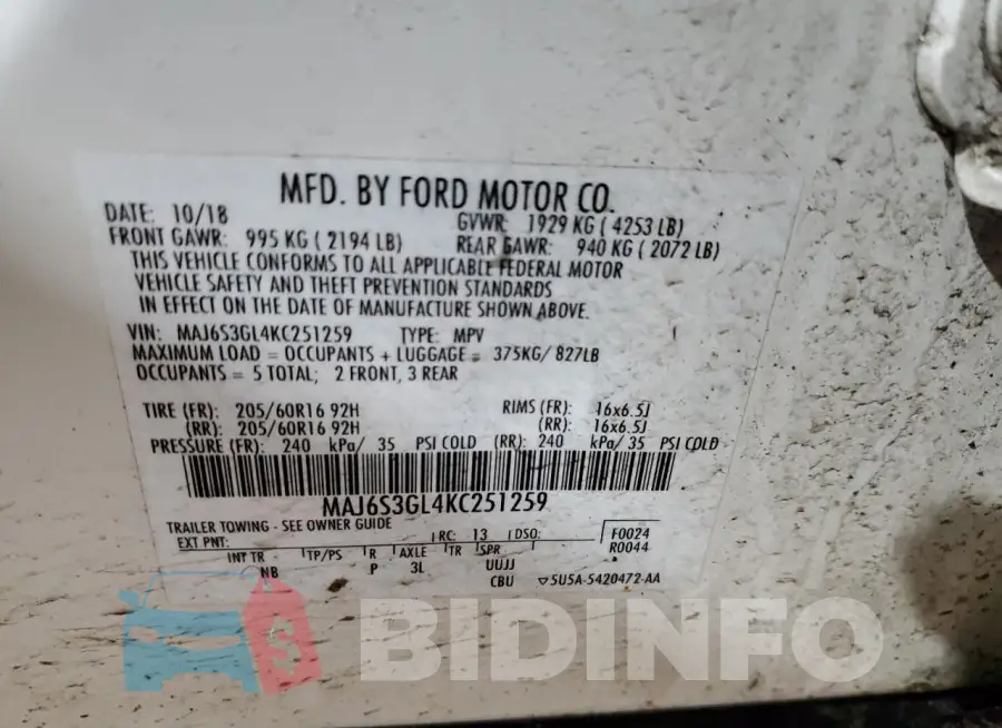 MAJ6S3GL4KC251259 Photo# 13