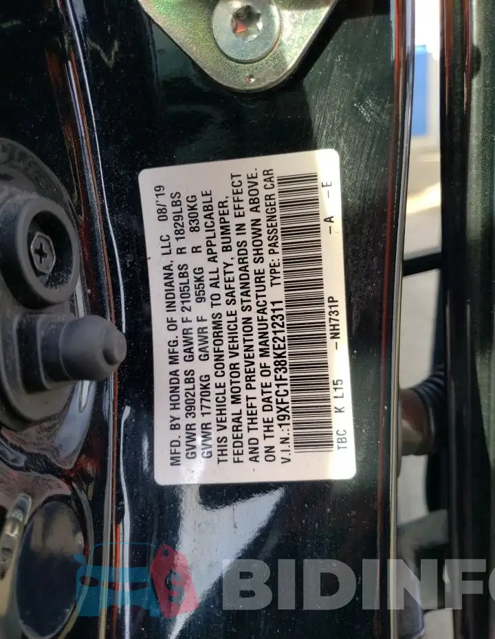 19XFC1F38KE212311 Photo# 12